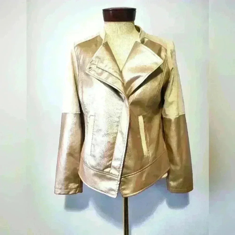 Chico's gold moto jacket with cream suede style shoulders. Size 4